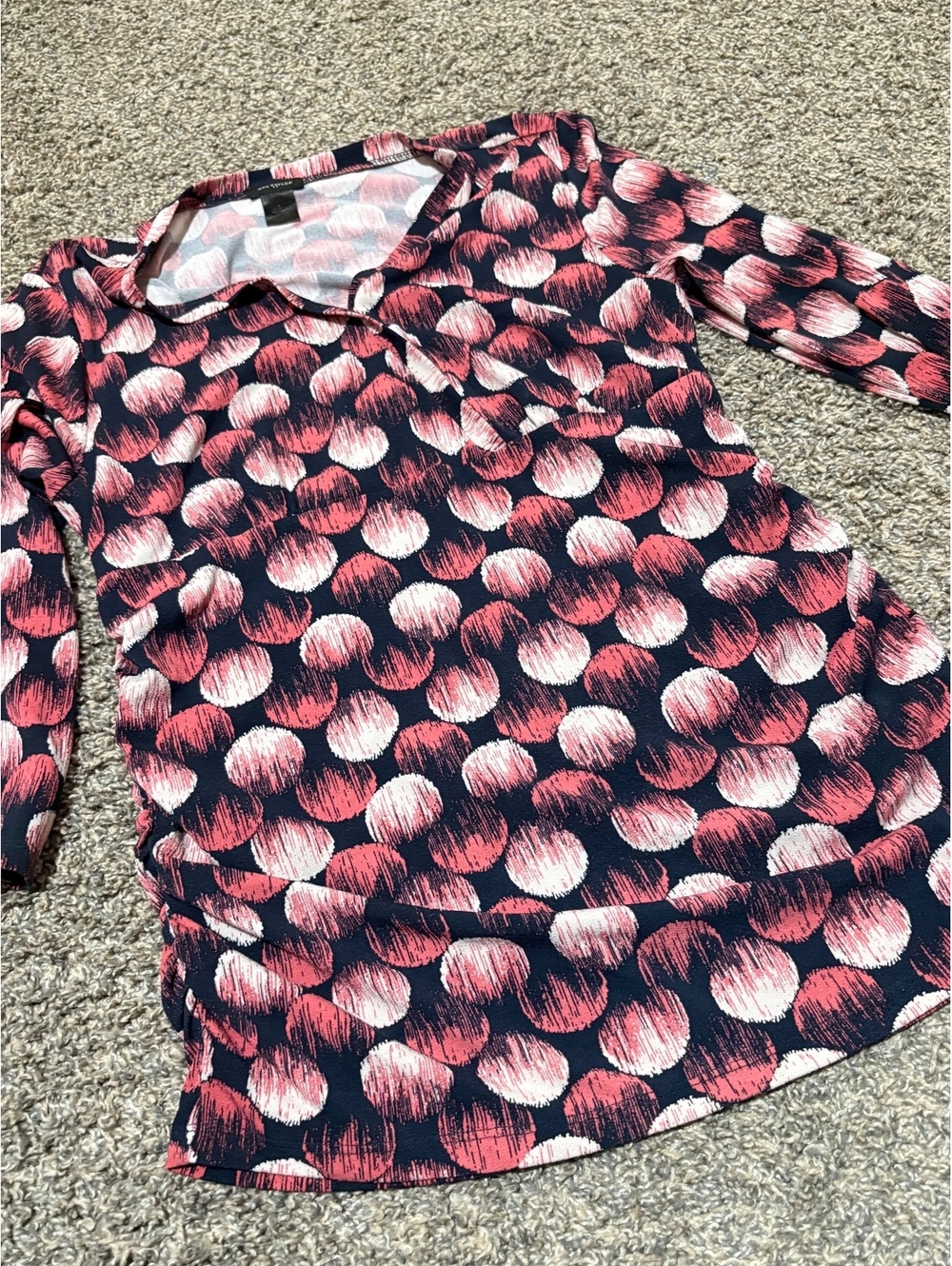 Ann Taylor Pink and Navy Polka Dot Blouse with V-Neck
